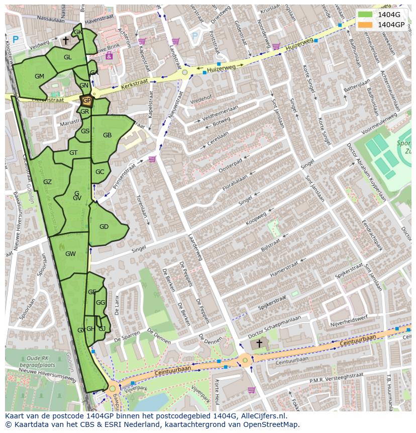 Afbeelding van het postcodegebied 1404 GP op de kaart.