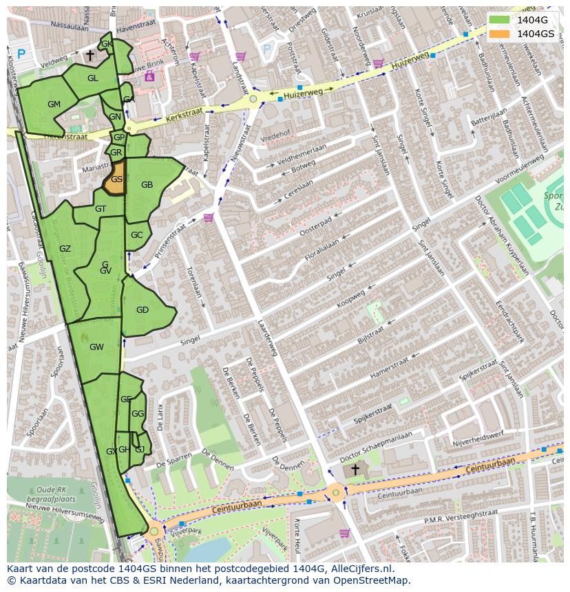 Afbeelding van het postcodegebied 1404 GS op de kaart.