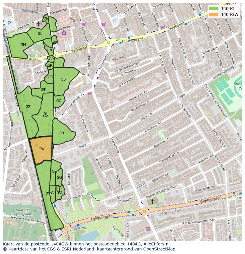 Afbeelding van het postcodegebied 1404 GW op de kaart.