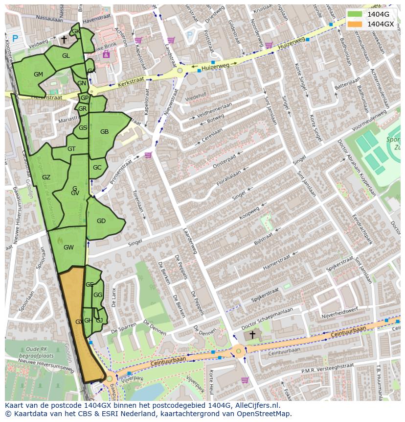 Afbeelding van het postcodegebied 1404 GX op de kaart.