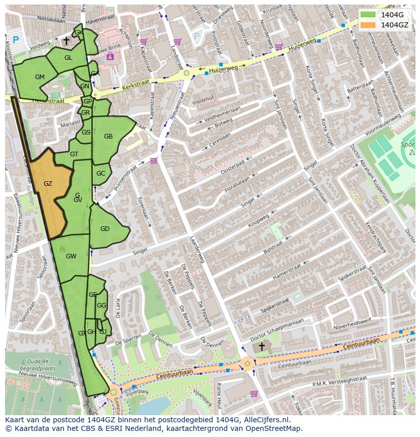 Afbeelding van het postcodegebied 1404 GZ op de kaart.