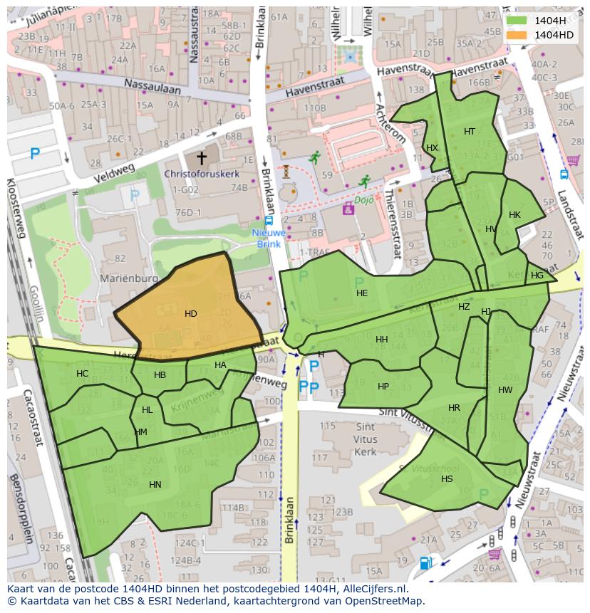 Afbeelding van het postcodegebied 1404 HD op de kaart.