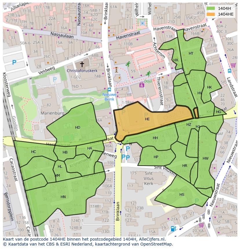 Afbeelding van het postcodegebied 1404 HE op de kaart.