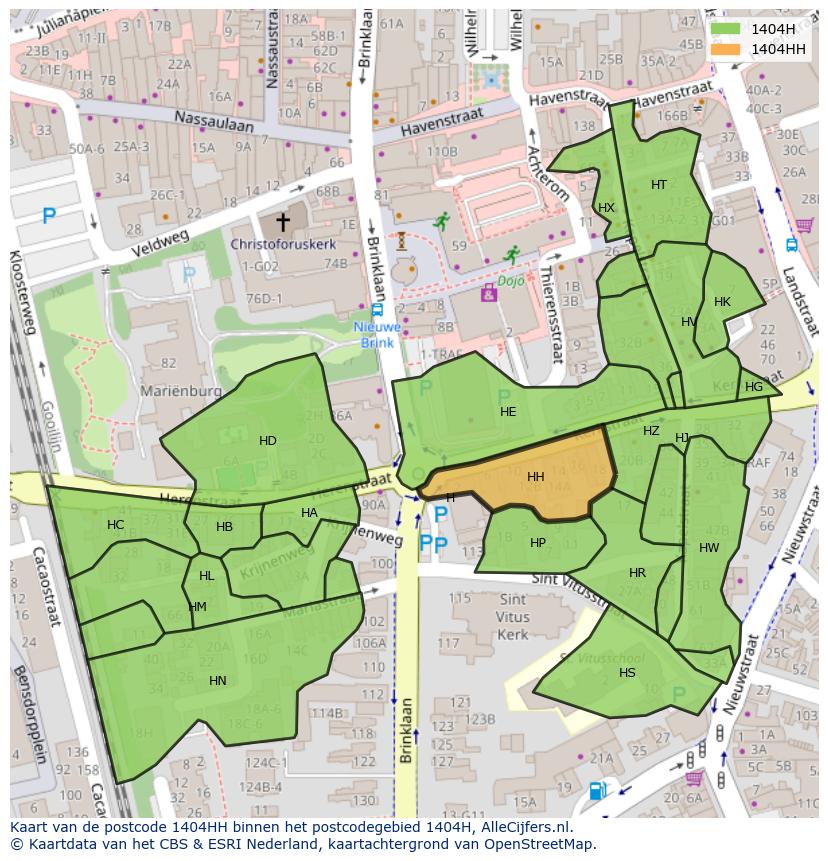 Afbeelding van het postcodegebied 1404 HH op de kaart.