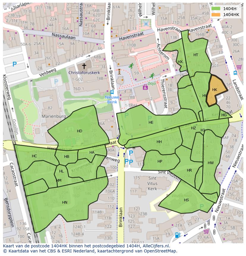 Afbeelding van het postcodegebied 1404 HK op de kaart.