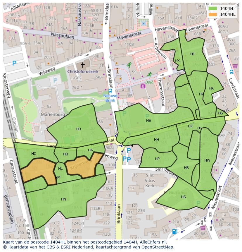 Afbeelding van het postcodegebied 1404 HL op de kaart.