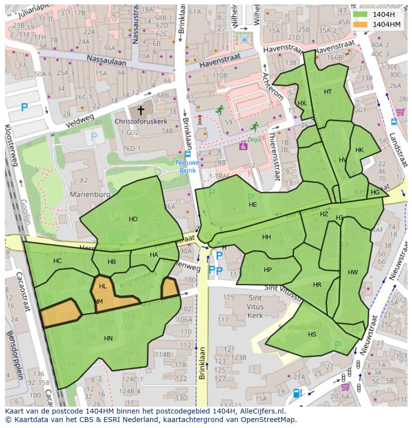 Afbeelding van het postcodegebied 1404 HM op de kaart.