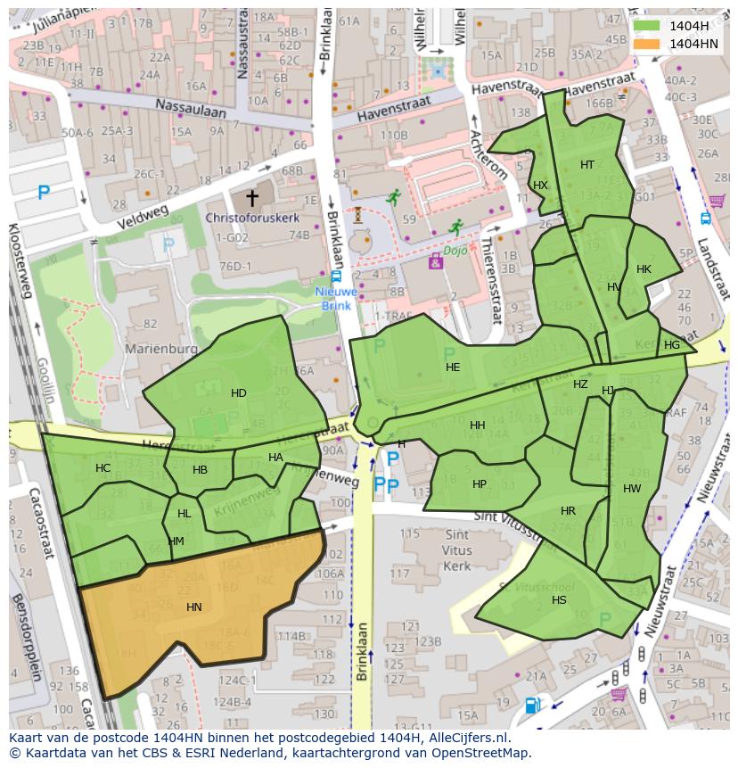 Afbeelding van het postcodegebied 1404 HN op de kaart.