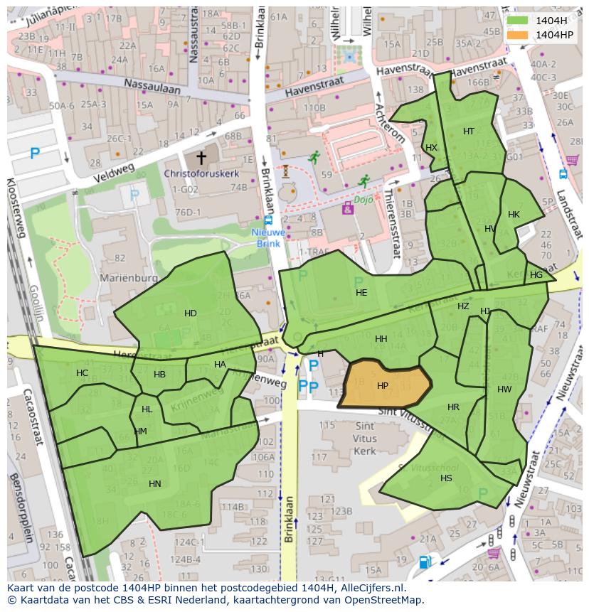 Afbeelding van het postcodegebied 1404 HP op de kaart.