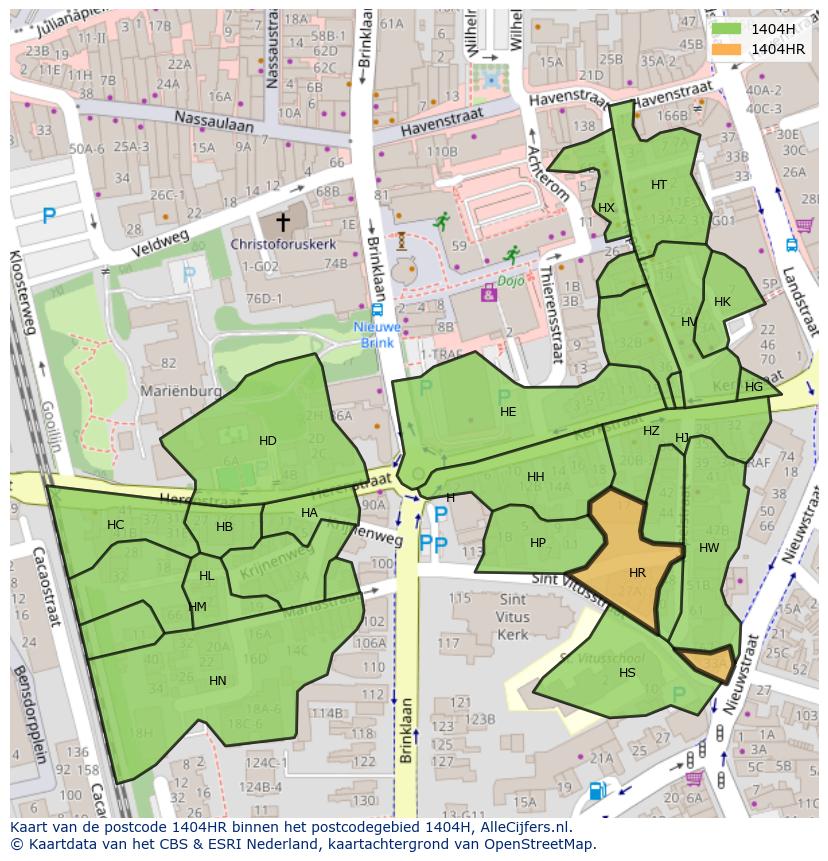 Afbeelding van het postcodegebied 1404 HR op de kaart.