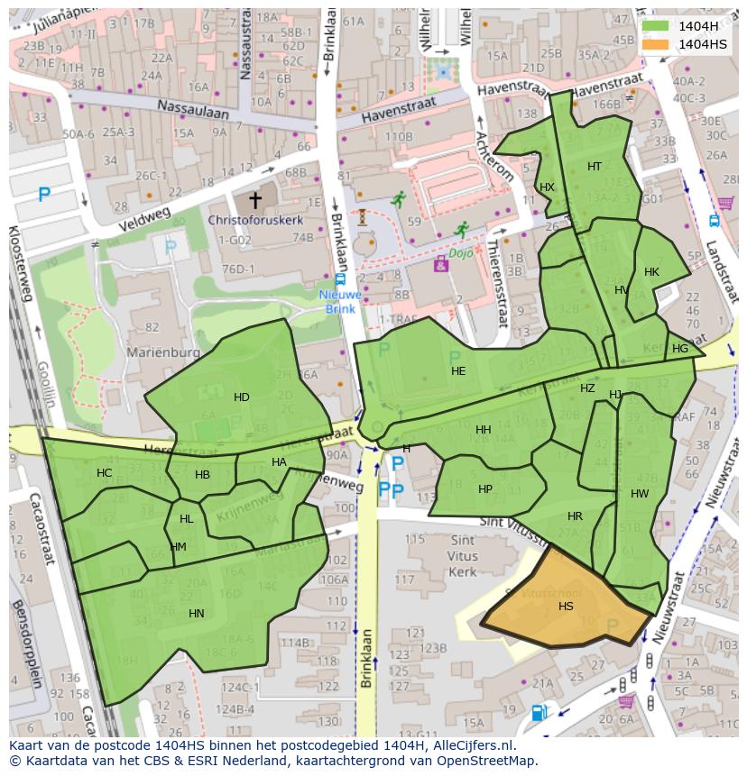 Afbeelding van het postcodegebied 1404 HS op de kaart.