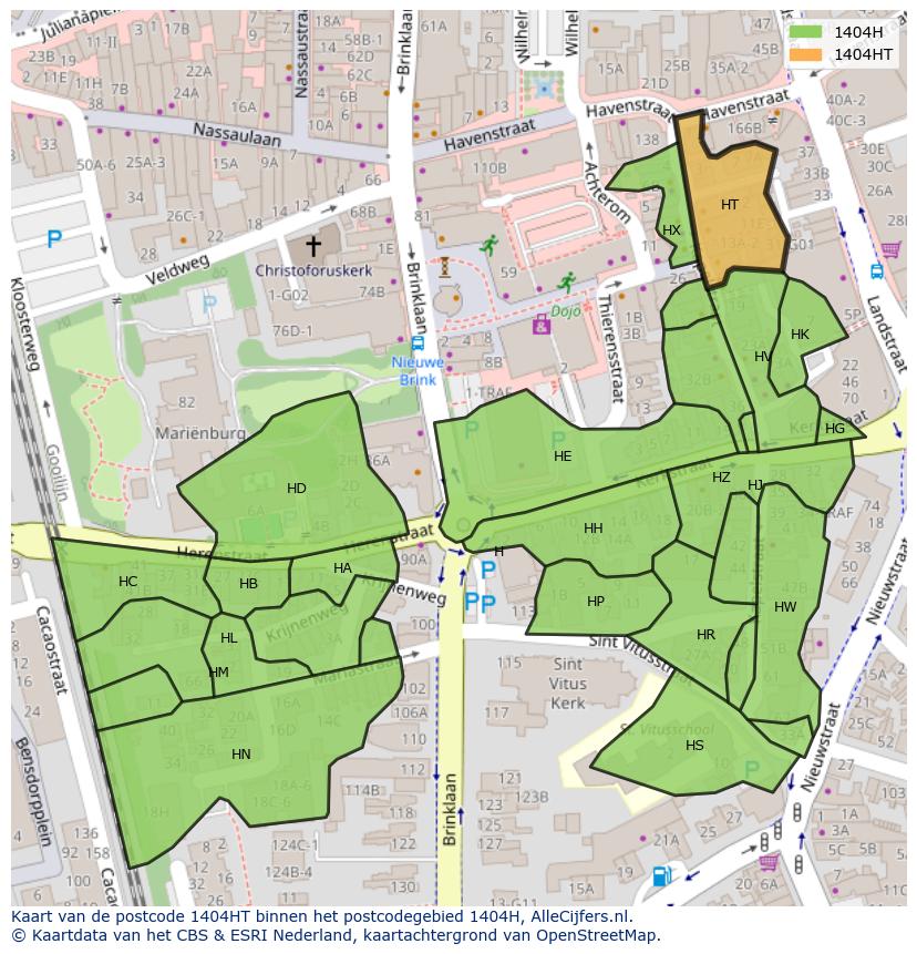 Afbeelding van het postcodegebied 1404 HT op de kaart.