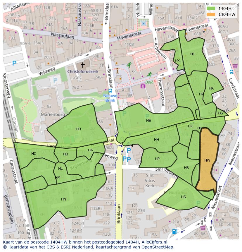 Afbeelding van het postcodegebied 1404 HW op de kaart.