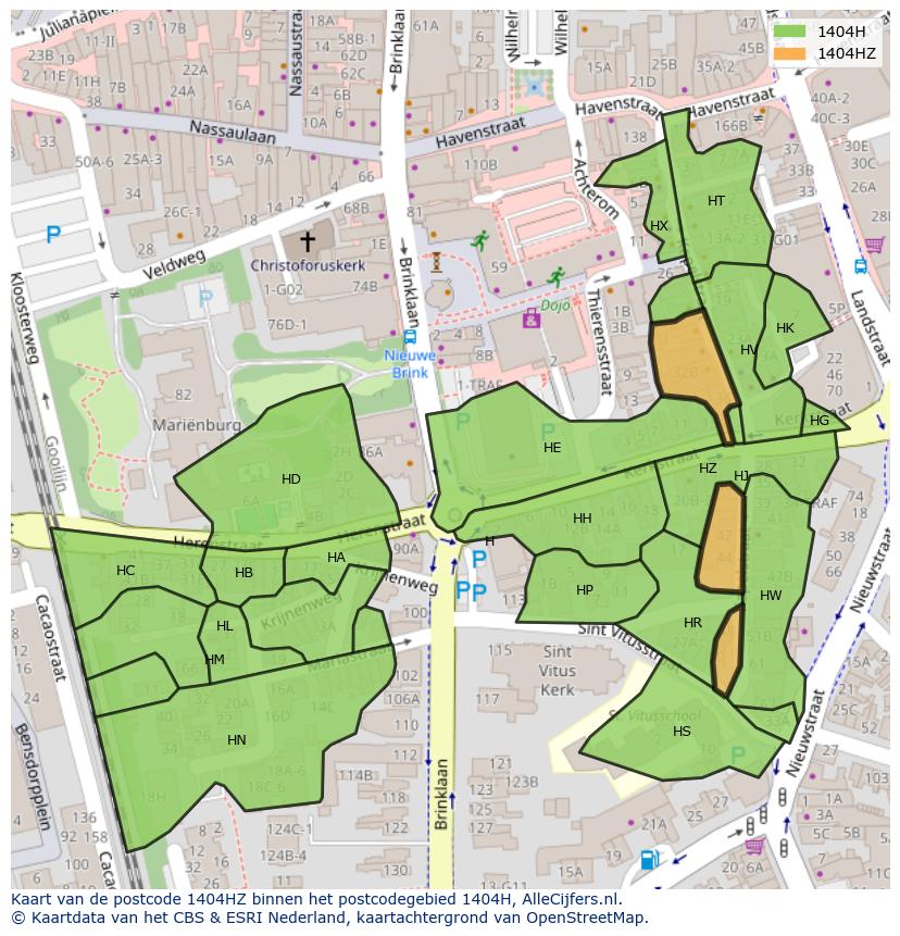Afbeelding van het postcodegebied 1404 HZ op de kaart.