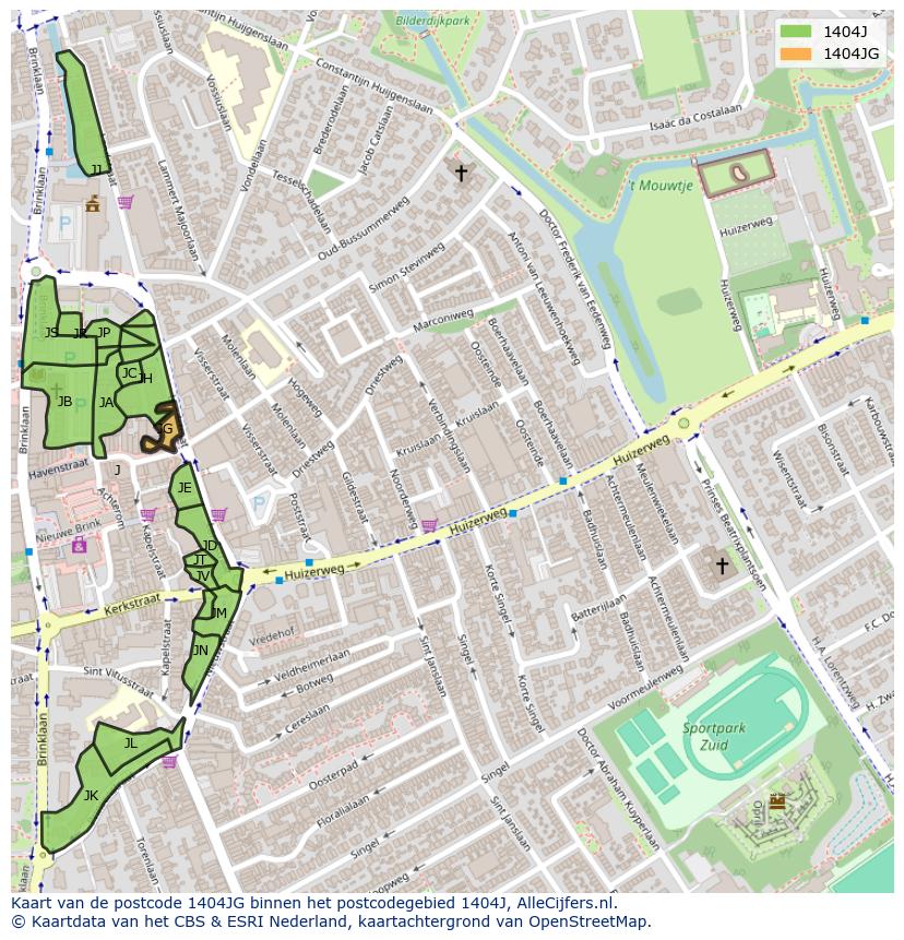 Afbeelding van het postcodegebied 1404 JG op de kaart.