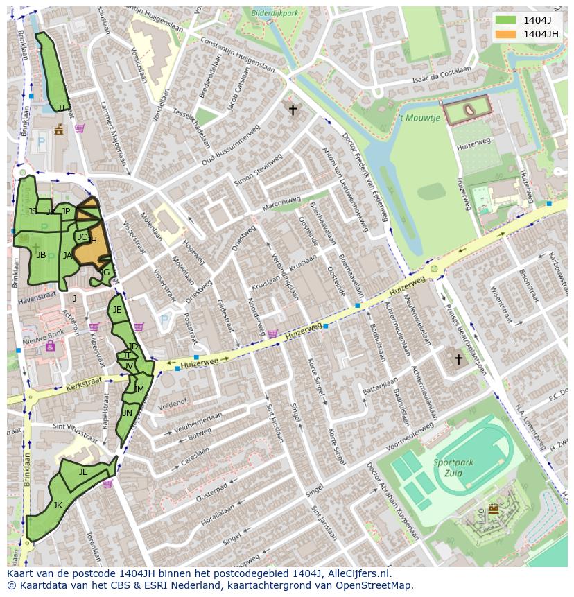 Afbeelding van het postcodegebied 1404 JH op de kaart.