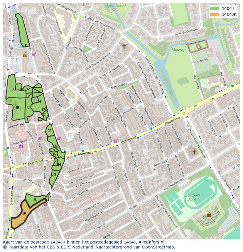 Afbeelding van het postcodegebied 1404 JK op de kaart.