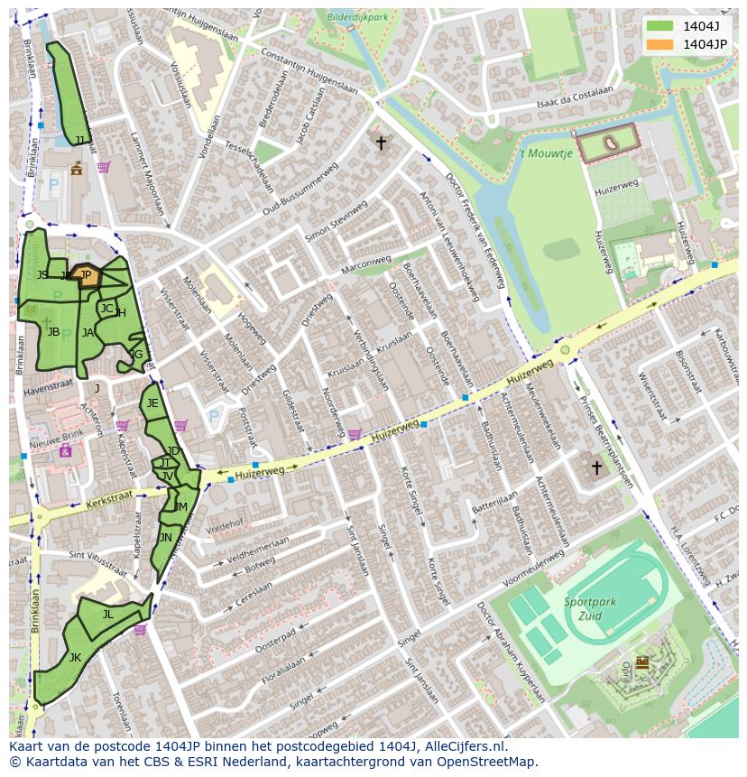 Afbeelding van het postcodegebied 1404 JP op de kaart.