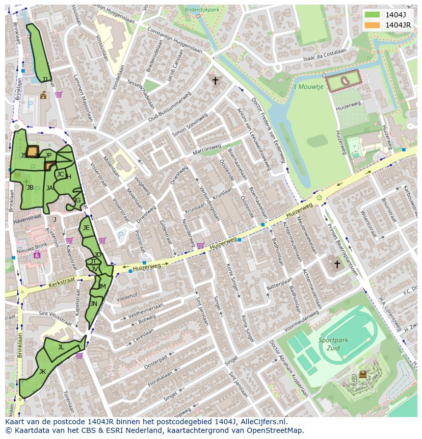 Afbeelding van het postcodegebied 1404 JR op de kaart.