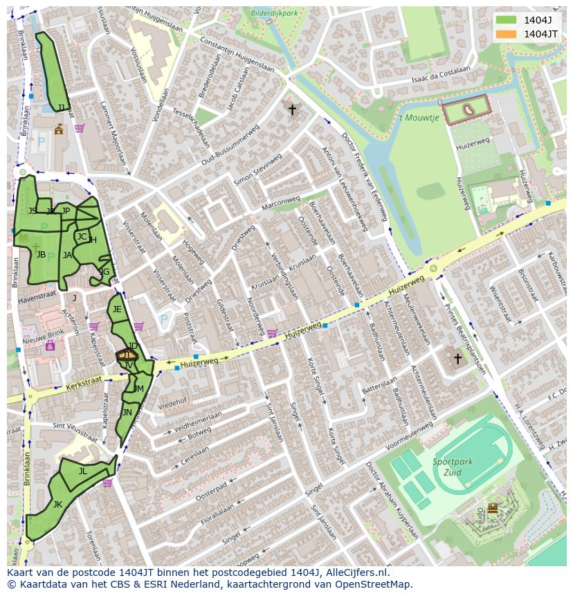 Afbeelding van het postcodegebied 1404 JT op de kaart.