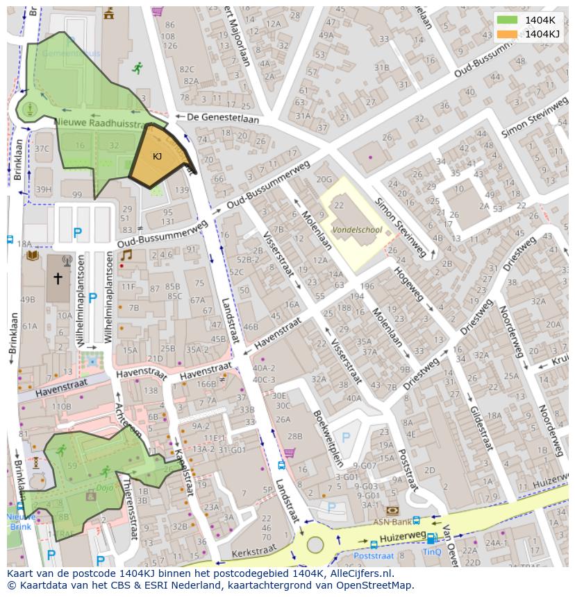 Afbeelding van het postcodegebied 1404 KJ op de kaart.