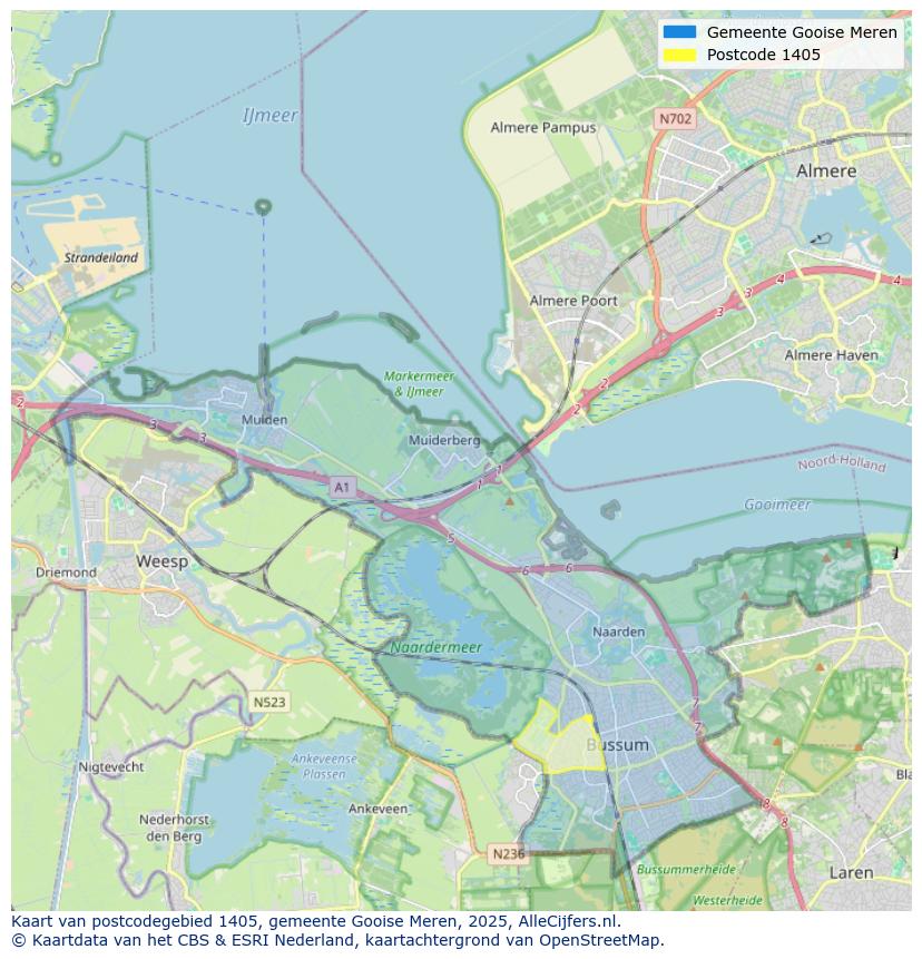Afbeelding van het postcodegebied 1405 op de kaart.