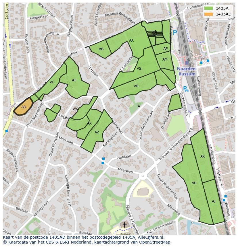 Afbeelding van het postcodegebied 1405 AD op de kaart.