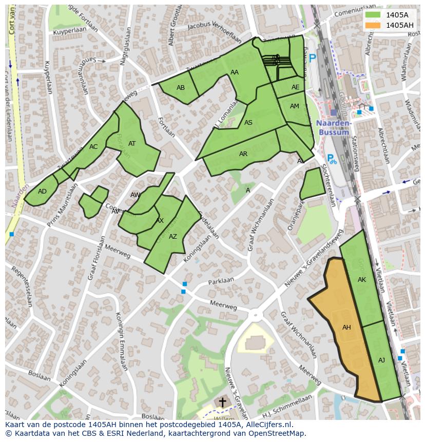 Afbeelding van het postcodegebied 1405 AH op de kaart.