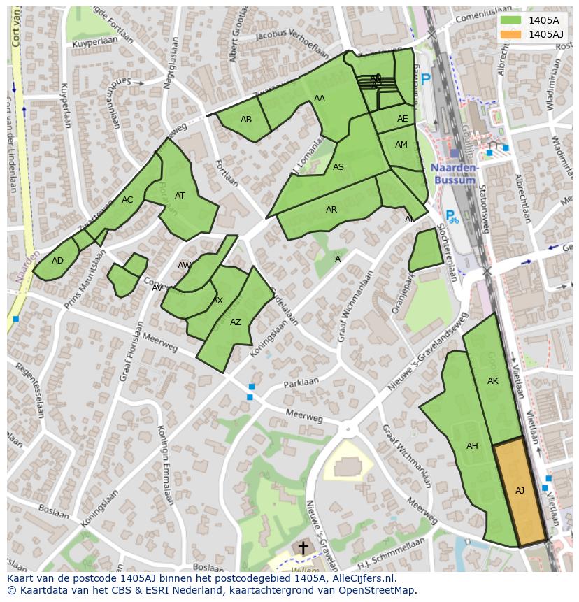 Afbeelding van het postcodegebied 1405 AJ op de kaart.