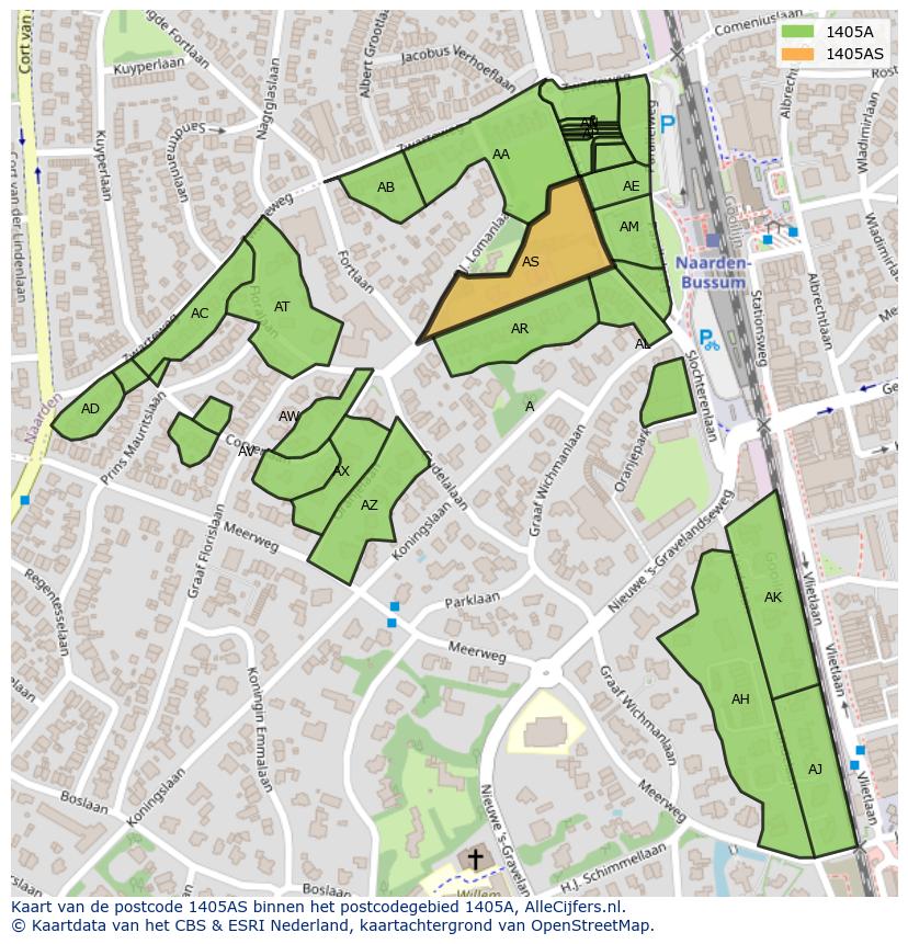 Afbeelding van het postcodegebied 1405 AS op de kaart.