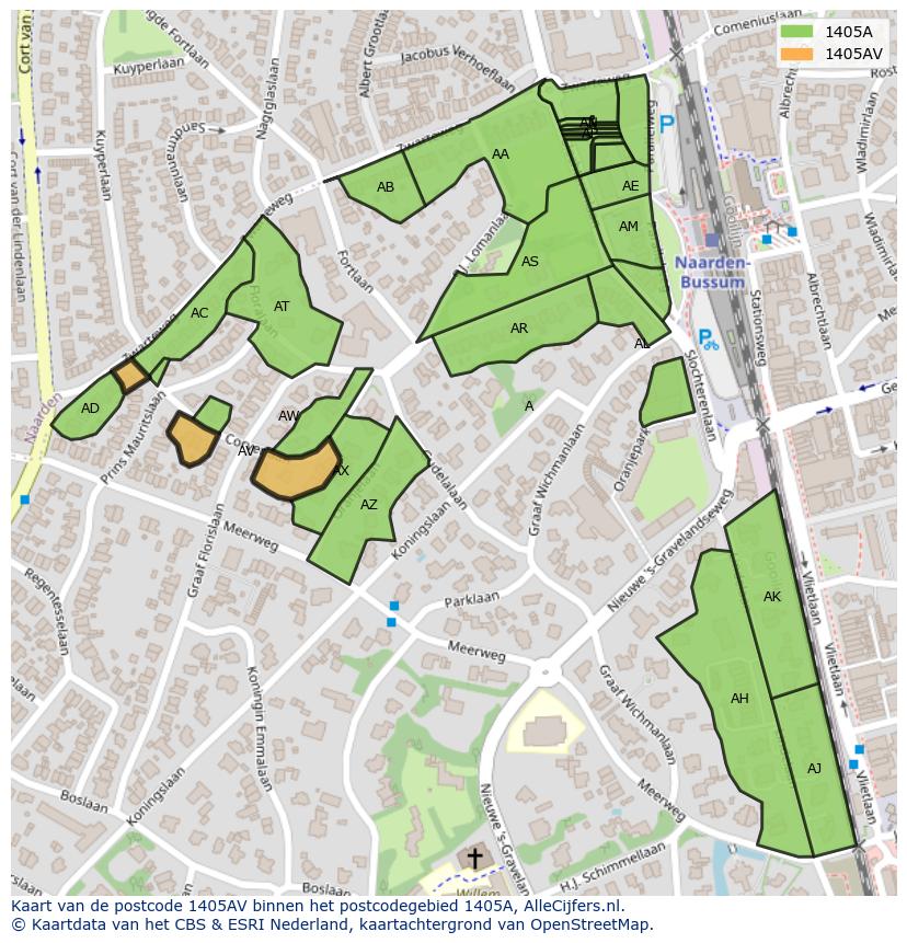 Afbeelding van het postcodegebied 1405 AV op de kaart.