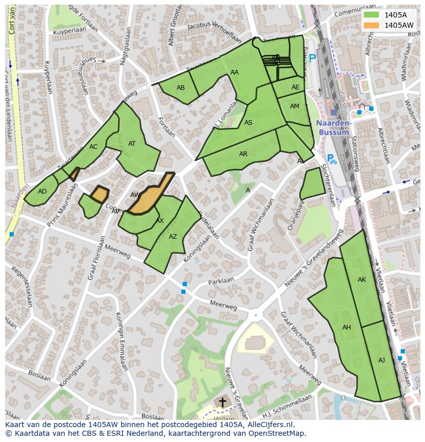 Afbeelding van het postcodegebied 1405 AW op de kaart.