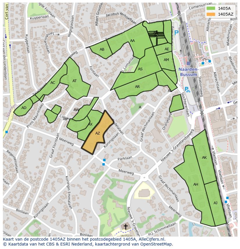 Afbeelding van het postcodegebied 1405 AZ op de kaart.