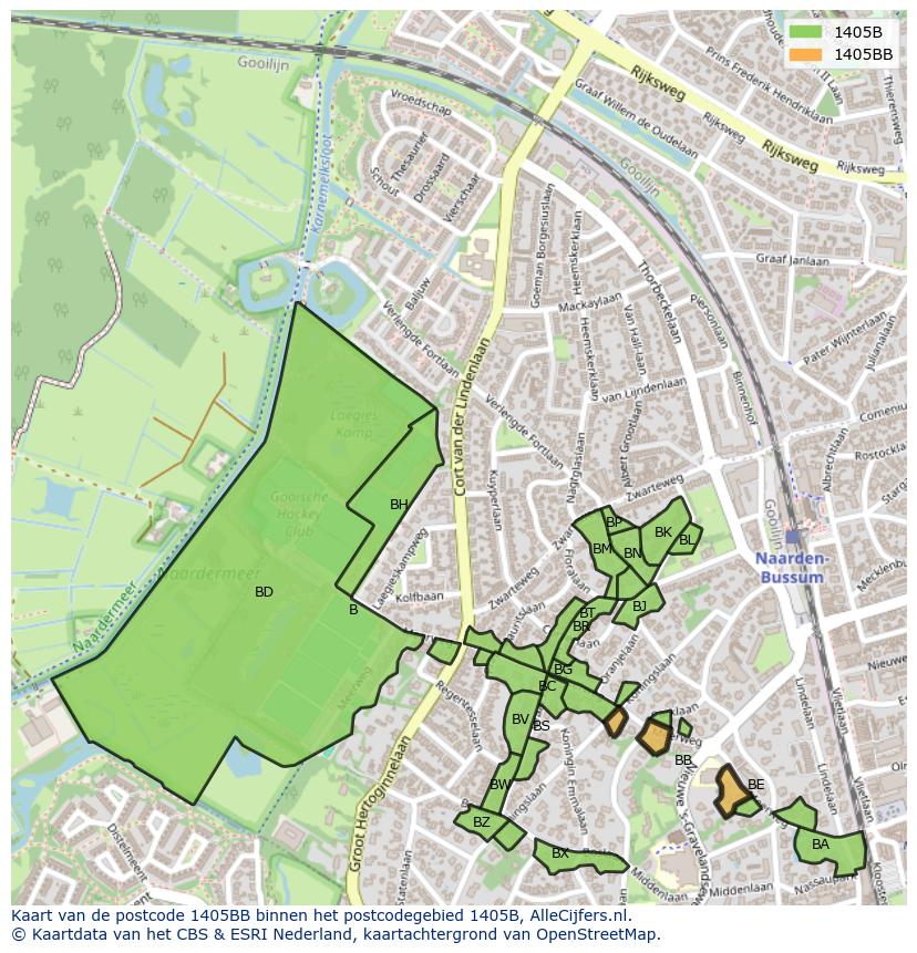 Afbeelding van het postcodegebied 1405 BB op de kaart.
