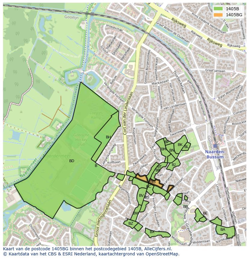 Afbeelding van het postcodegebied 1405 BG op de kaart.
