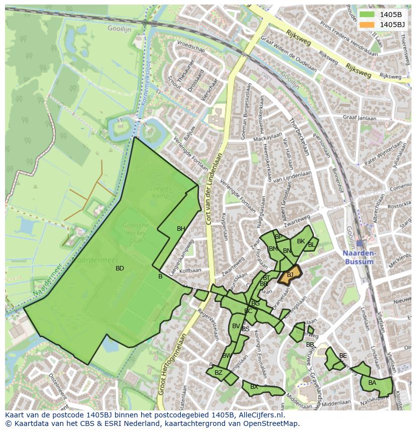 Afbeelding van het postcodegebied 1405 BJ op de kaart.