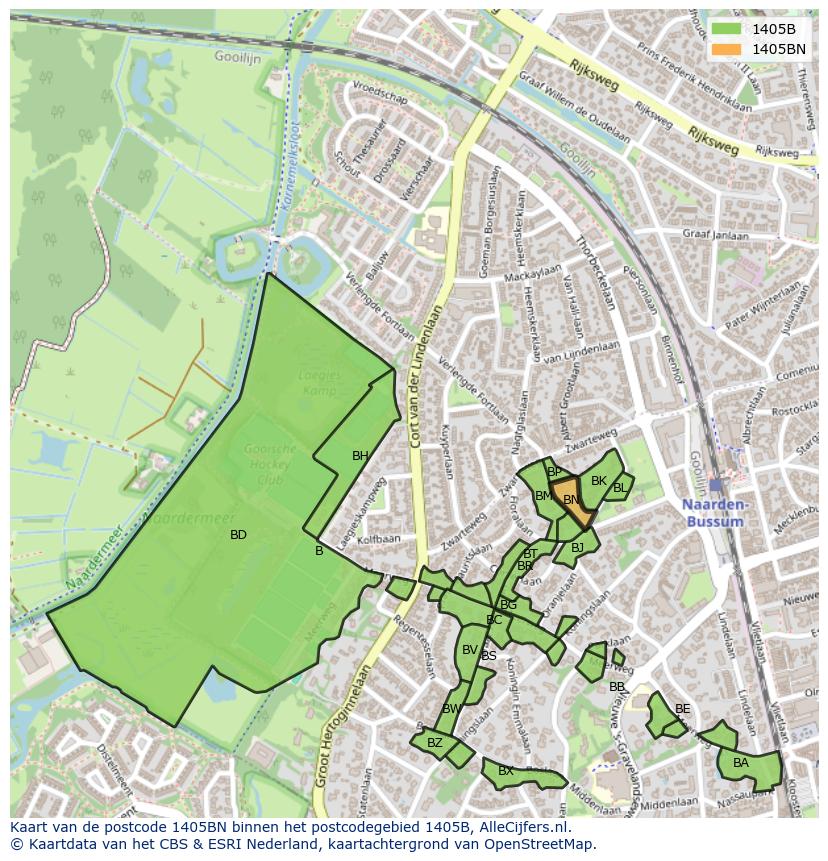 Afbeelding van het postcodegebied 1405 BN op de kaart.