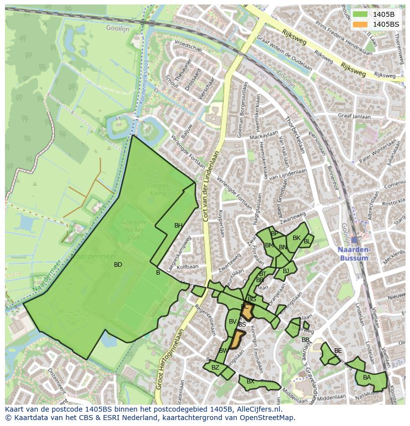 Afbeelding van het postcodegebied 1405 BS op de kaart.