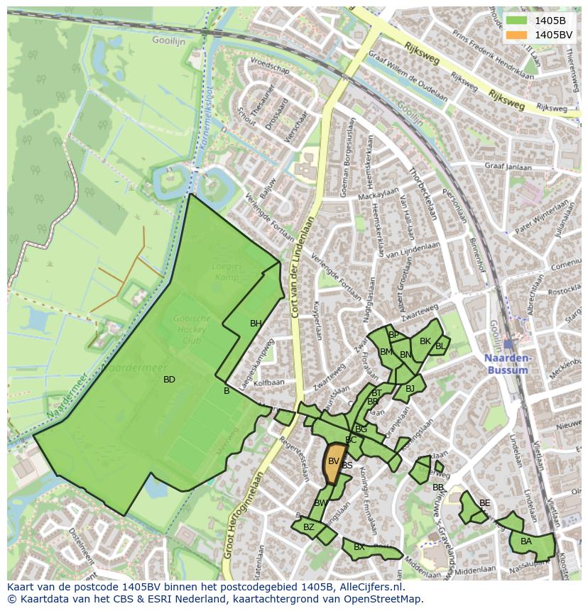 Afbeelding van het postcodegebied 1405 BV op de kaart.