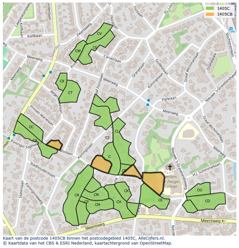 Afbeelding van het postcodegebied 1405 CB op de kaart.