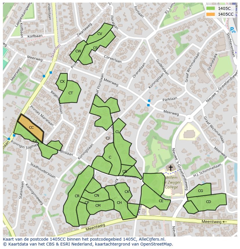 Afbeelding van het postcodegebied 1405 CC op de kaart.