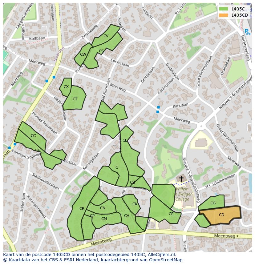 Afbeelding van het postcodegebied 1405 CD op de kaart.