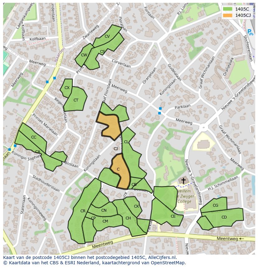 Afbeelding van het postcodegebied 1405 CJ op de kaart.