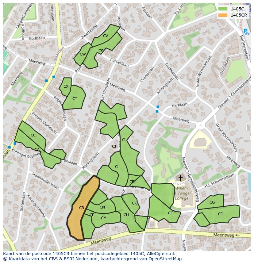 Afbeelding van het postcodegebied 1405 CR op de kaart.