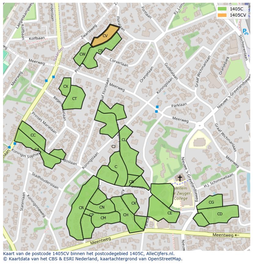 Afbeelding van het postcodegebied 1405 CV op de kaart.