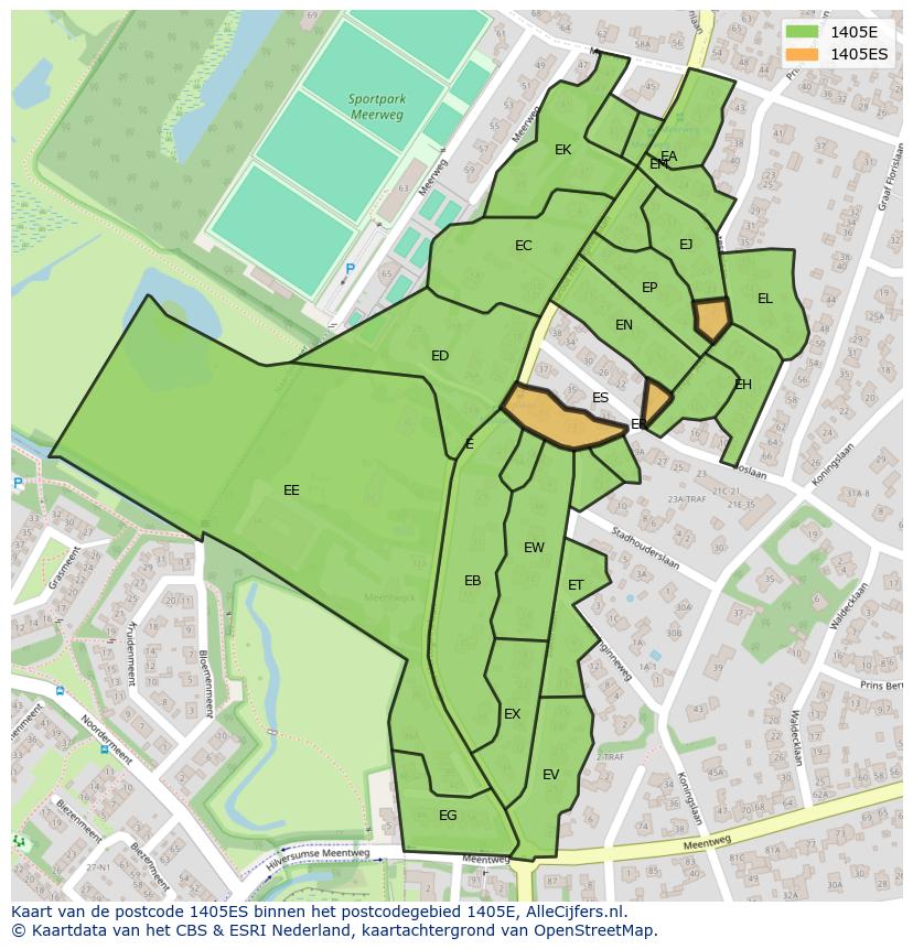 Afbeelding van het postcodegebied 1405 ES op de kaart.