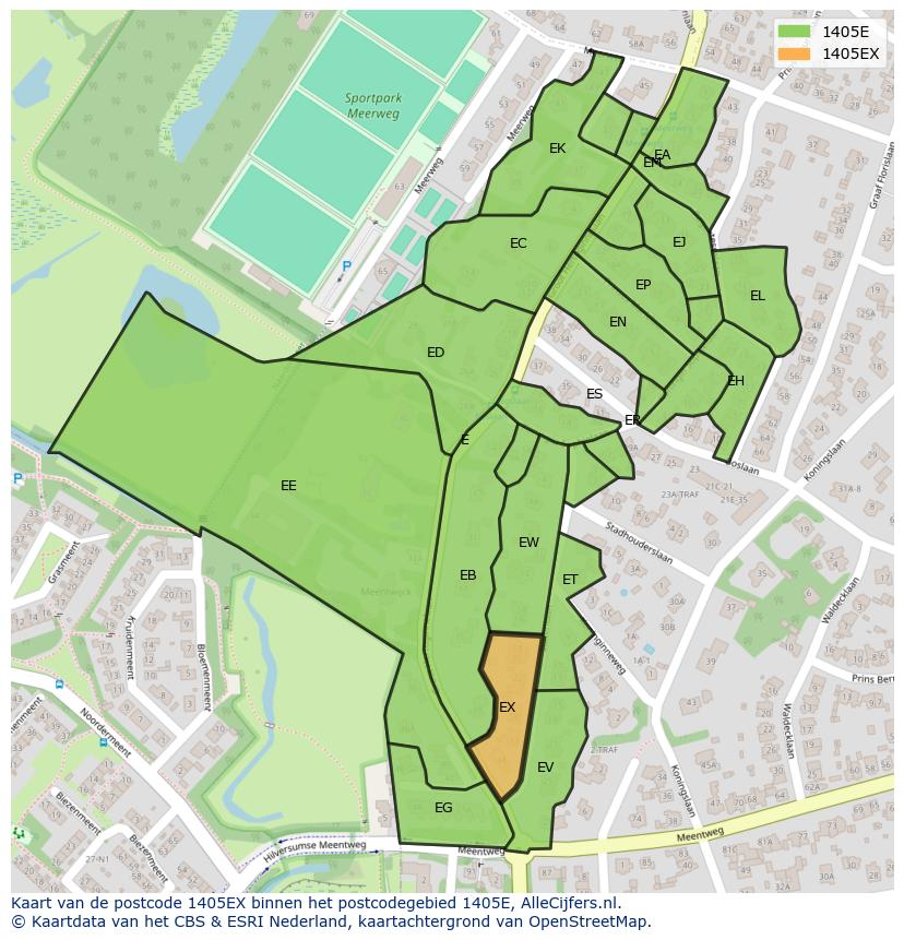 Afbeelding van het postcodegebied 1405 EX op de kaart.