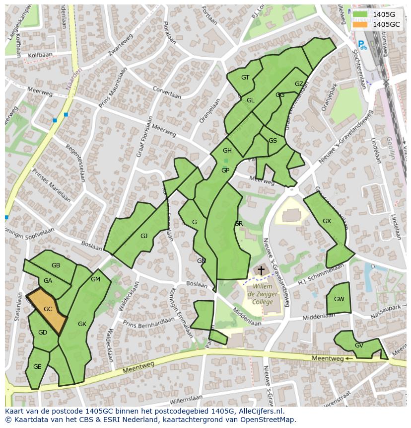 Afbeelding van het postcodegebied 1405 GC op de kaart.