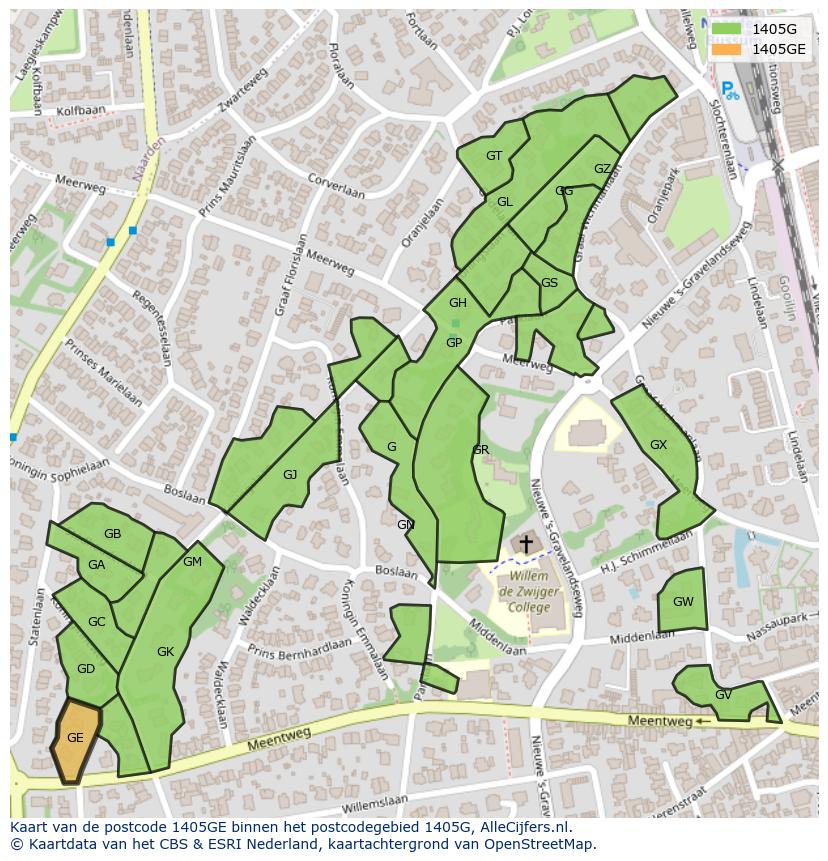 Afbeelding van het postcodegebied 1405 GE op de kaart.