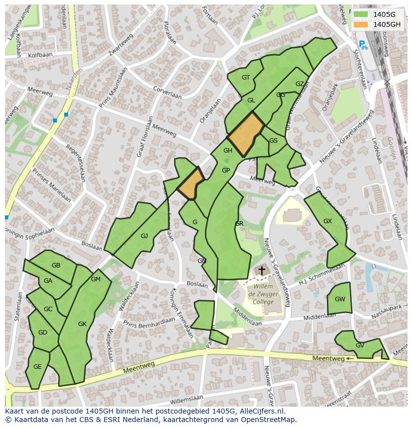 Afbeelding van het postcodegebied 1405 GH op de kaart.